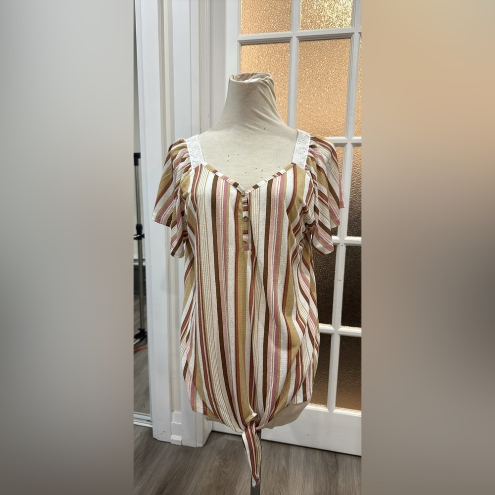 Striped V-Neck Buttoned Women's Top